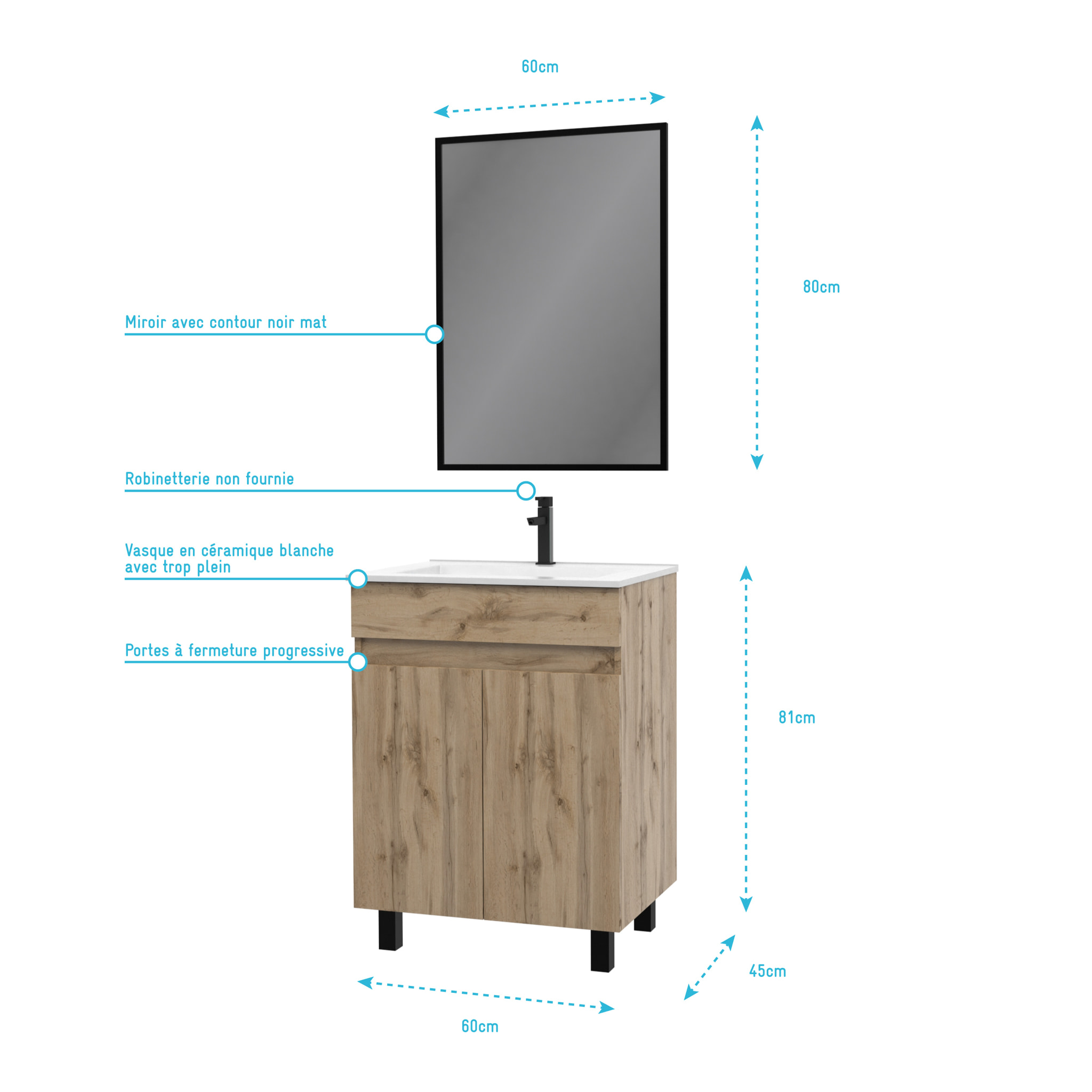 Meuble salle de bains 60cm décor chene naturel 2 portes - Vasque blanche et Miroir - TIMBER