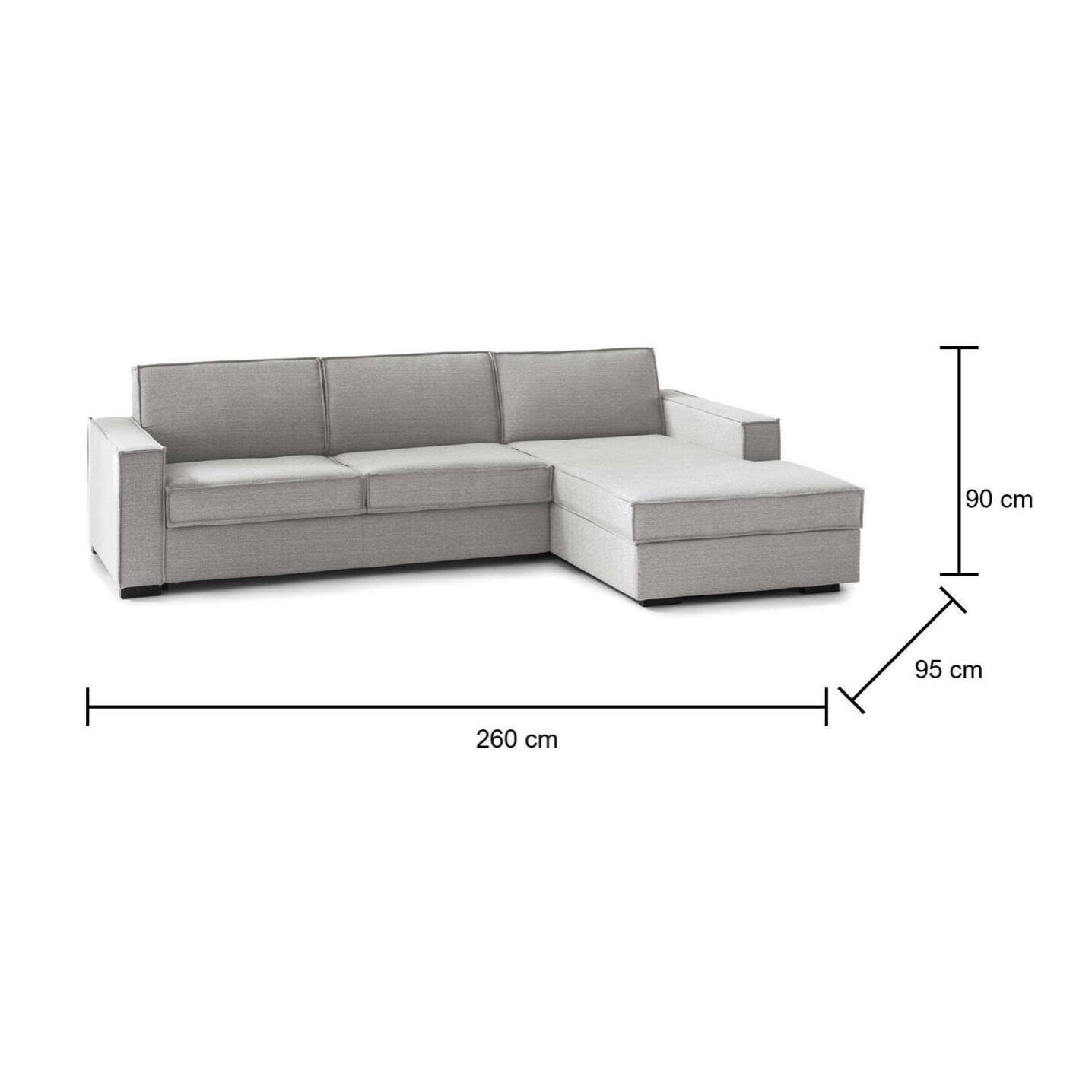 Divano fisso Maia, Divano ad angolo, 100% Made in Italy, Sofà Soggiorno con, penisola contenitore Destra, con Braccioli slim, Cm 260x95h90, Grigio