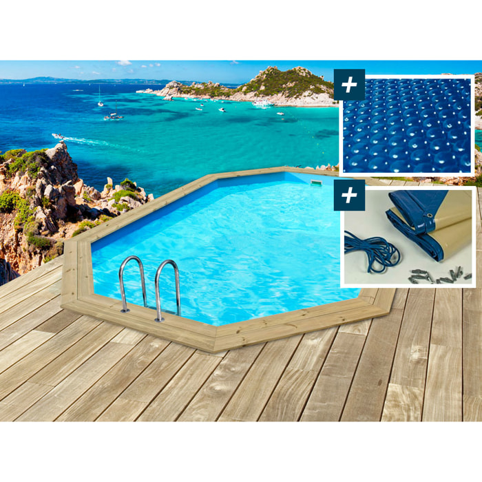 Piscine bois " Cancun " - 6.53 x 4.41 x 1.45 m + Bâche à bulles 180 µ - Bâche hiver 280 g/m²