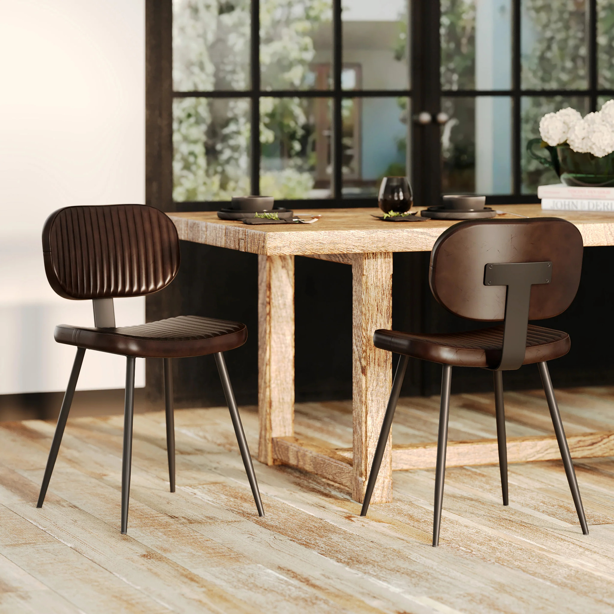 Lot de 2 chaises en cuir marron et pieds en métal noir - Clovis