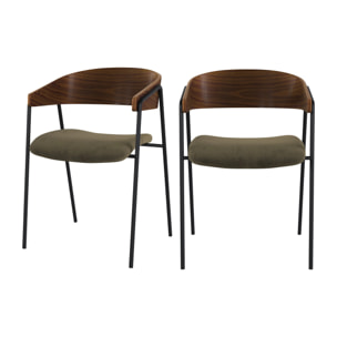 Lot de 2 chaises en velours vert kaki et bois de noyer - Esmée