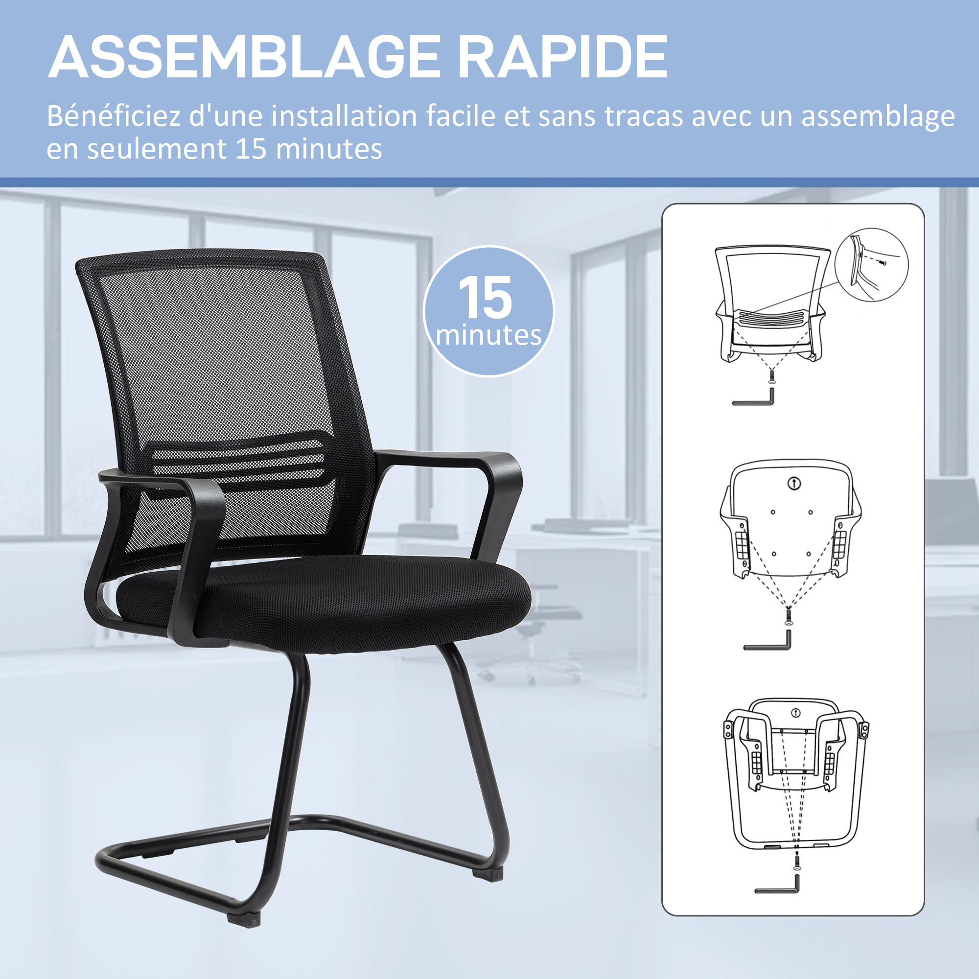 Chaise de visiteur - chaise de bureau design ergonomique - polyester maille noir