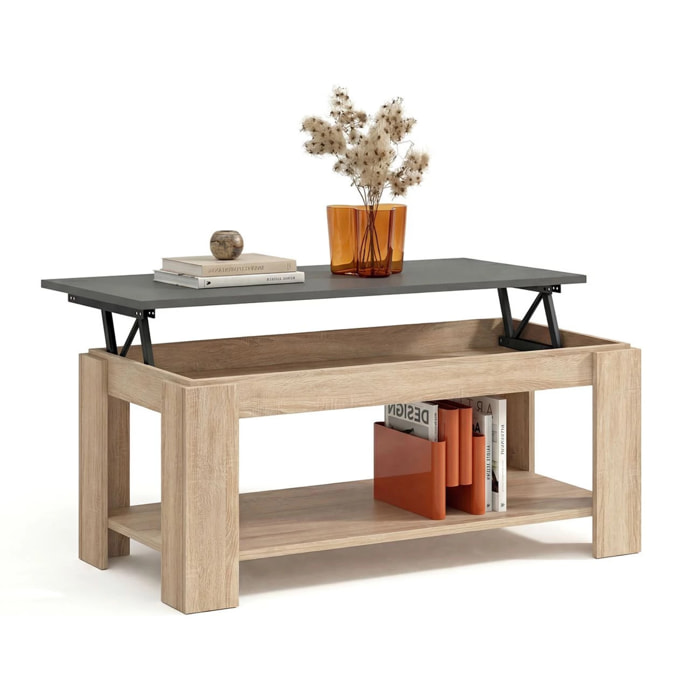 Mesa de centro elevable con almacenaje en roble canadian y gris grafito 102x43-54 cm Lya Roble Canadian - Gris Grafito