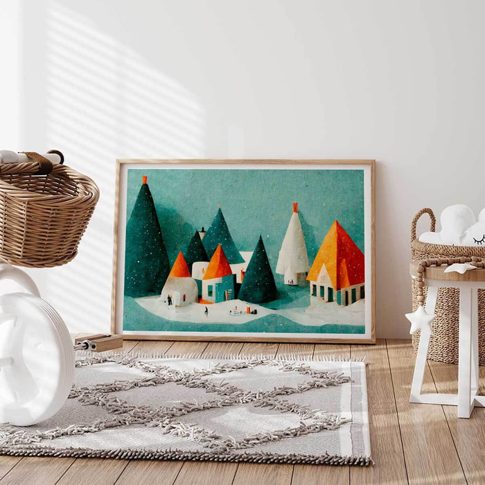 Affiche enfant petit village de neige  Affiche + cadre en bois - Chêne