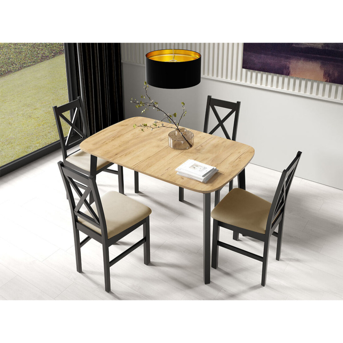 Magov - table à manger extensible - effet bois et noir - 4 personnes - Bois / Noir