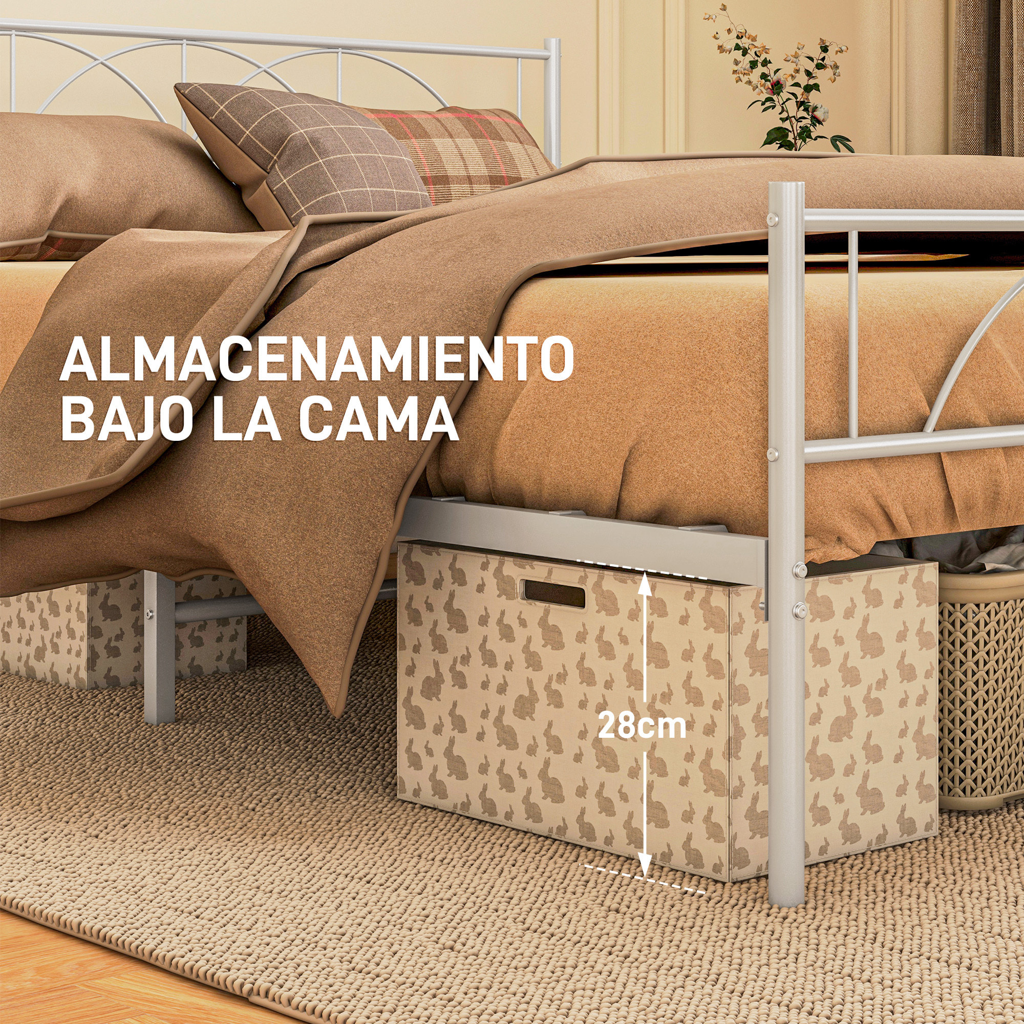 Cama Doble 150x200 cm Estructura de Cama Somier con Cabecera Listones de Acero y Espacio de Almacenamiento Debajo de la Cama Carga 330 kg Blanco