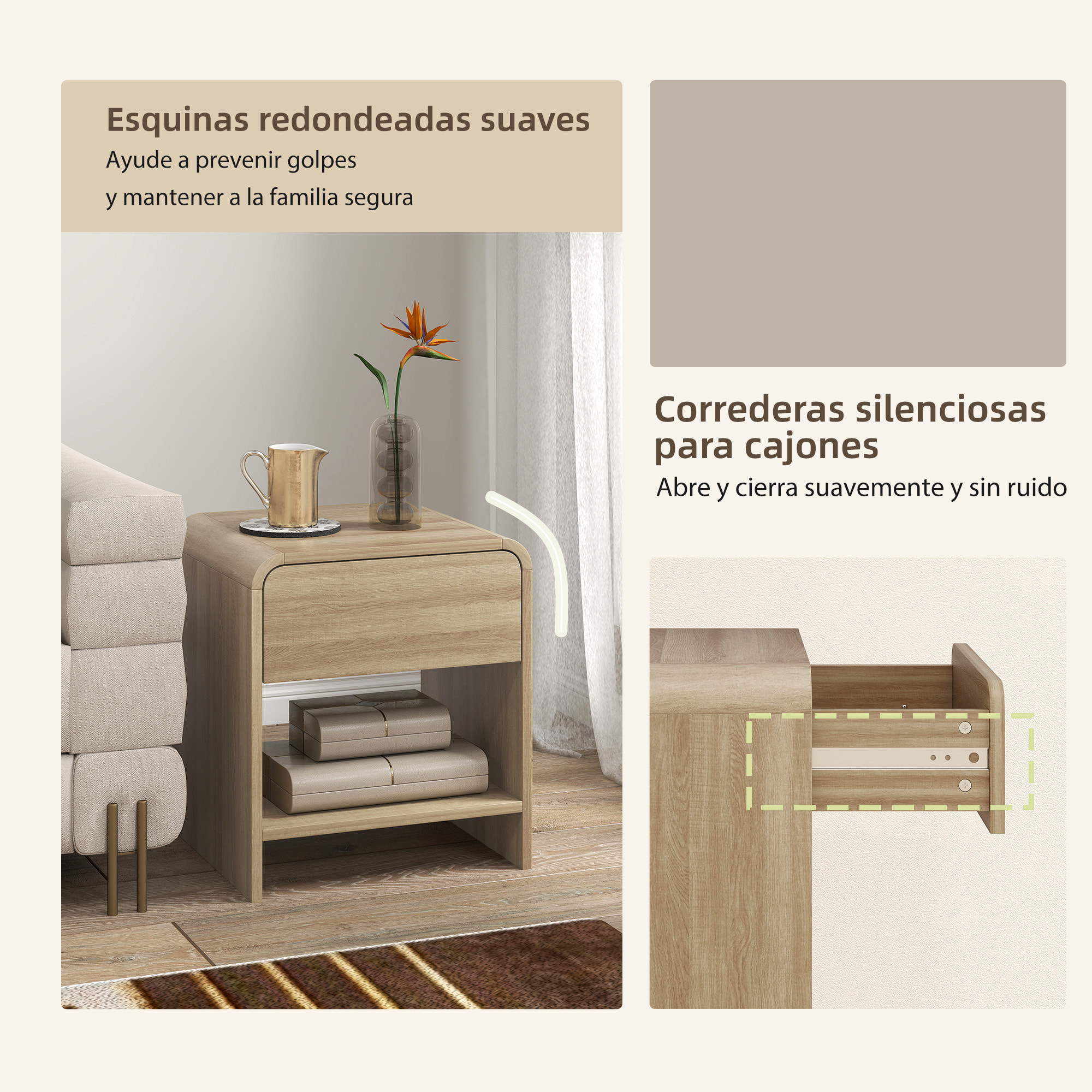 Juego de 2 Mesitas de Noche Nórdicas, Mesillas de Noche con Esquinas Redondeadas, Cajón y Estante Abierto, Mesita Auxiliar para Salón, Dormitorio, 40x35x45 cm, Natural