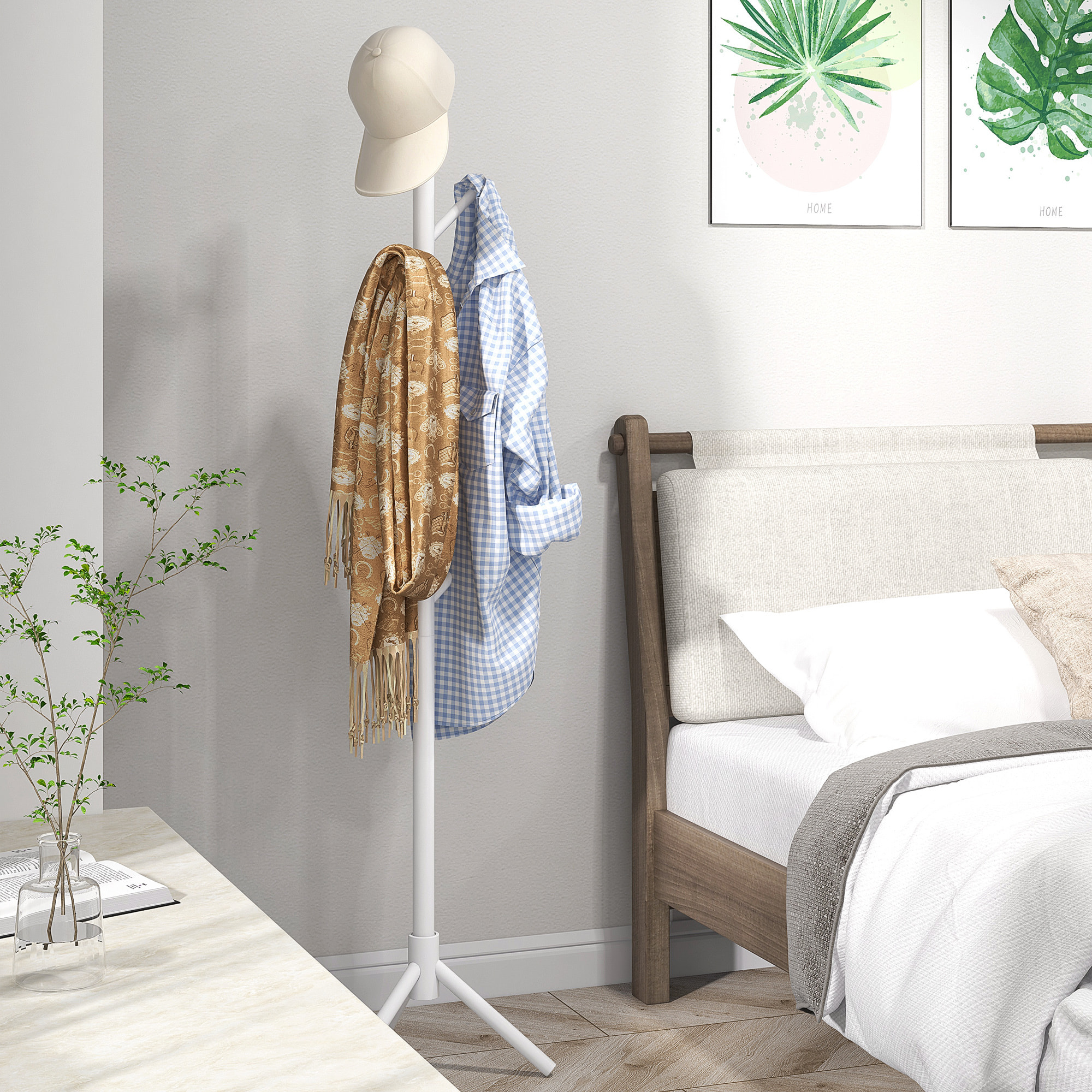 Perchero de Pie Perchero para Ropa de Madera con 8 Ganchos para Colgar Bolsas Forma de Árbol para Pasillo Entrada Dormitorio 40x40x165 cm Blanco