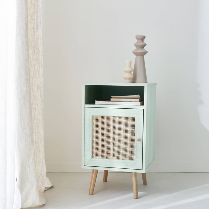 Table de chevet en cannage - Bohème - 40x39x70cm coloris vert céladon - 2 niveaux - 1 porte - 1 espace de rangement - pieds scandinaves