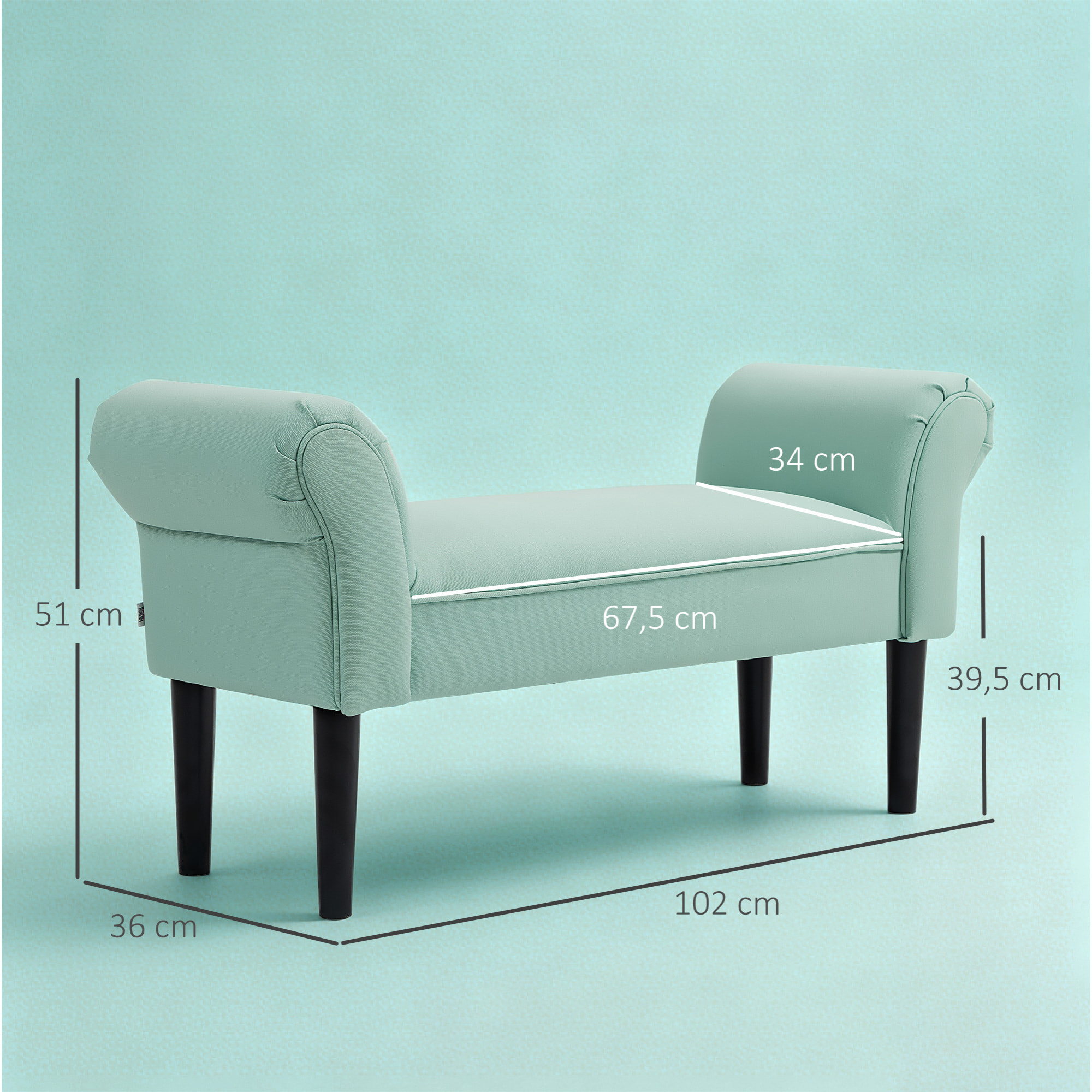 Banco Pie de Cama, Taburete Pie de Cama Tapizado en Lona con Patas de Madera, Reposabrazos y Asiento Acolchado, Estilo Moderno, Banco para Dormitorio, Entrada, Pasillo, Verde Claro