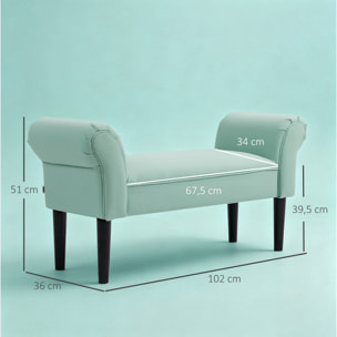 Banco Pie de Cama, Taburete Pie de Cama Tapizado en Lona con Patas de Madera, Reposabrazos y Asiento Acolchado, Estilo Moderno, Banco para Dormitorio, Entrada, Pasillo, Verde Claro