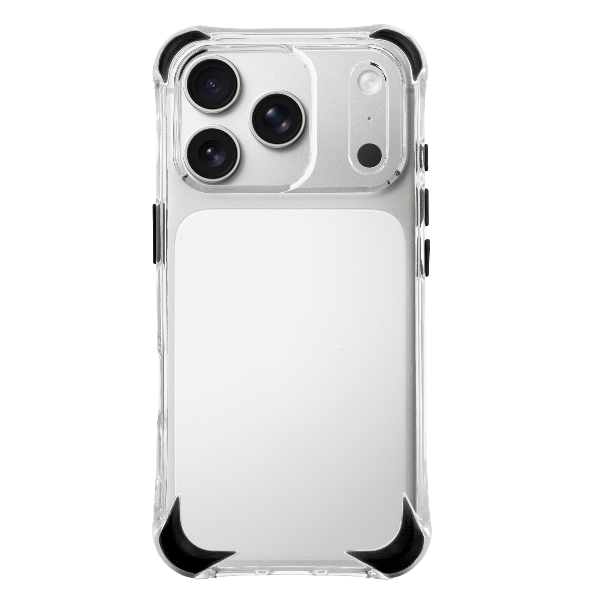 Custodia trasparente con rilievo protettivo per fotocamera, angoli rinforzati neri, antiurto e antifingerprint Magsafe per iPhone 17 Pro.