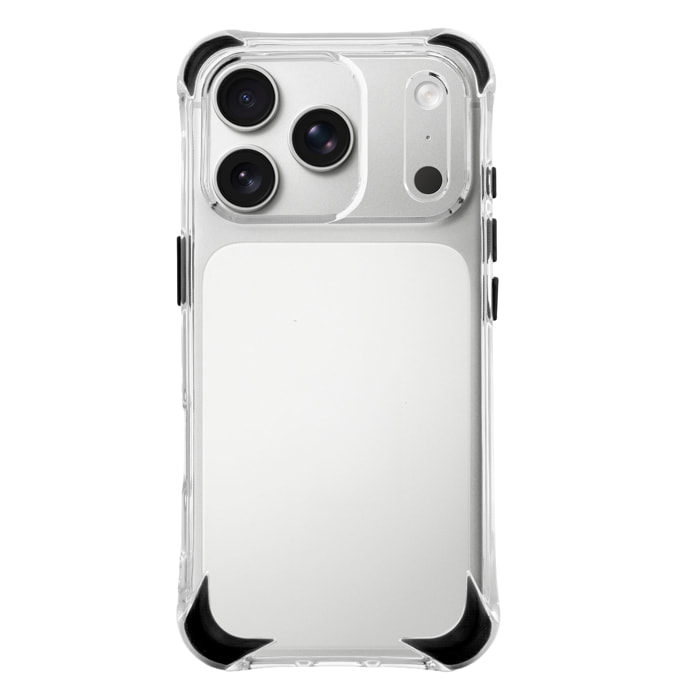 Custodia trasparente con rilievo protettivo per fotocamera, angoli rinforzati neri, antiurto e antifingerprint Magsafe per iPhone 17 Pro.