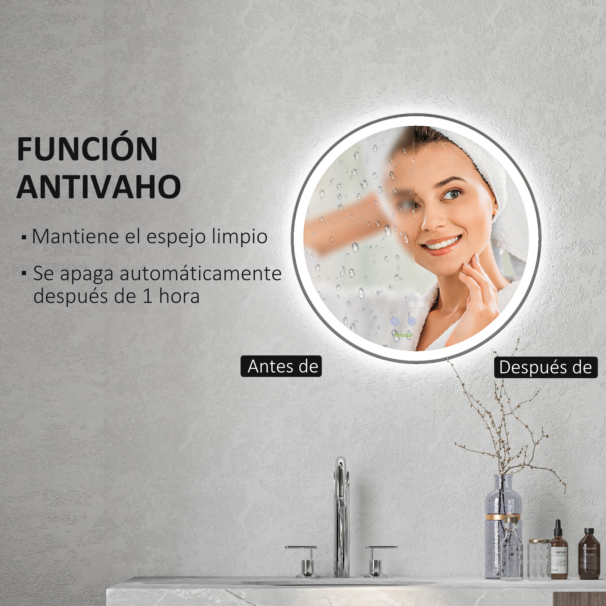 Espejo de Baño con Luces LED Ajustable Ø60 cm Espejo para Baño Redondo con Antivaho Función de Memoria e Interruptor Táctil para Salón Entrada Plata