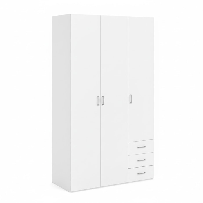 Armadio Con 3 Ante E 3 Cassetti Multiuso Per Abiti Indumenti Design Moderno Capiente Vano Appendiabiti Ripiani Interni 115.8 x 49.5 x 200.4 Cm Bianco