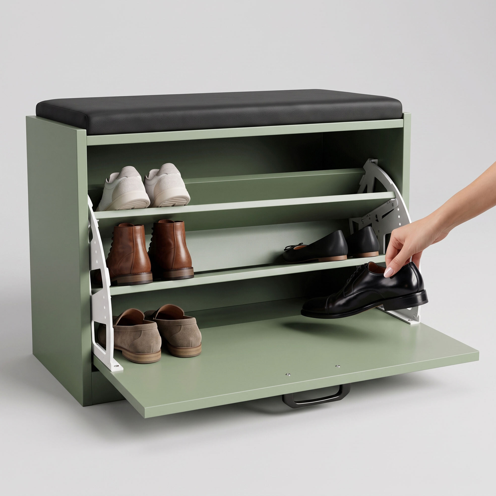 Kaizen - Panca da Ingresso con Scarpiera 63x47x30 cm 9 paia Portascarpe con Cuscino in Legno Salvia