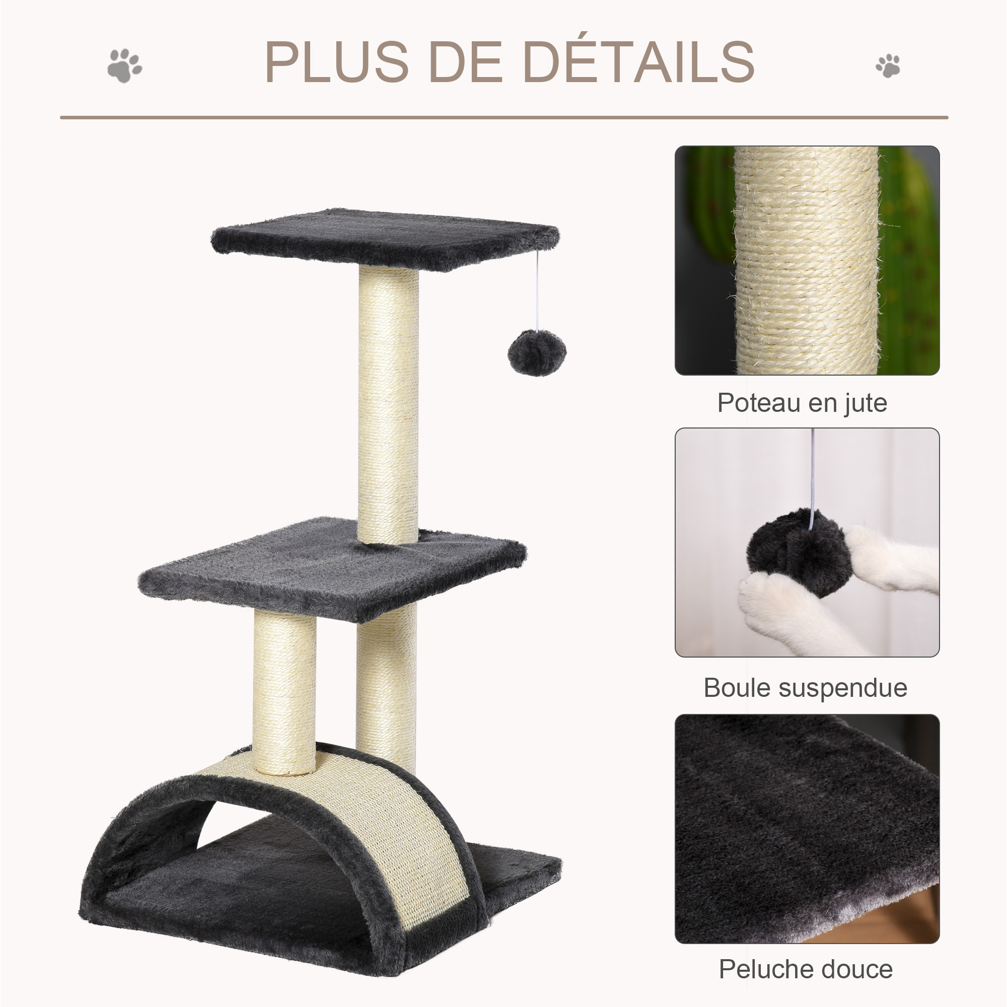 Arbre à chat griffoir grattoir design jeu boule suspendue 2 plateformes peluche sisal naturel gris