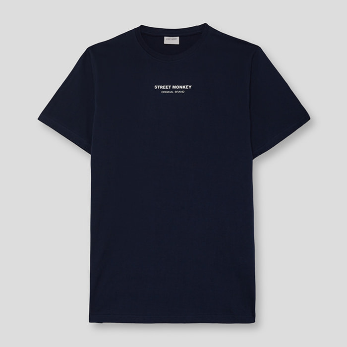 Camiseta de manga corta con cuello redondo y texto pequeño centrado en el pecho, estilo minimalista | Color: Marino | Street Monkey