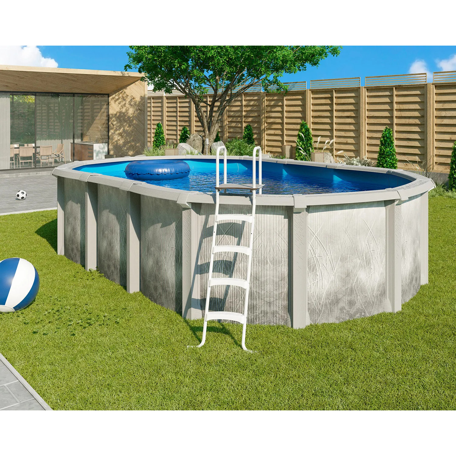 Piscine hors sol acier et résine ovale 6,10 x 3,65 x 1,32 m gris dégradé LIBERTY