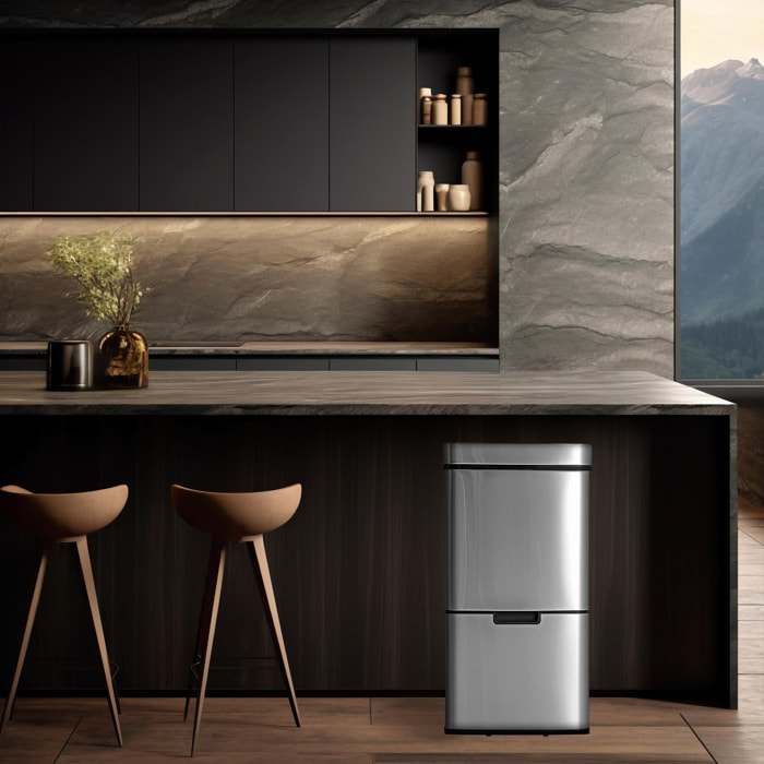 Well home papelera de reciclaje 62l (37l+25l), cubo de basura con 2 compartimentos, apertura automática con sensor, en acero inoxidable, cromado