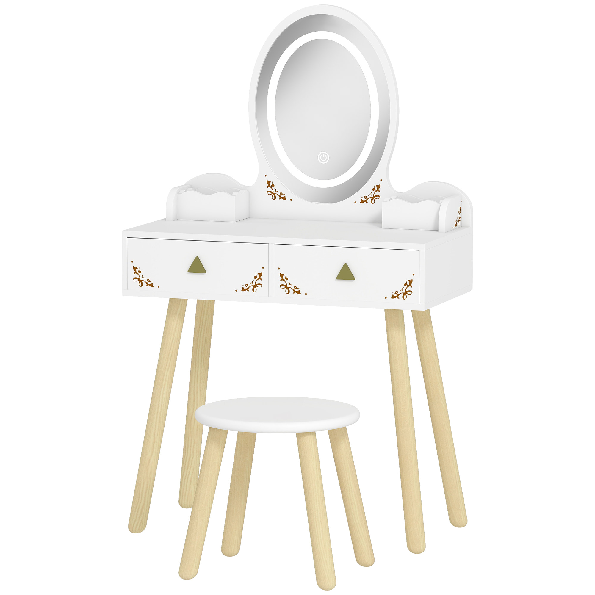 Coiffeuse enfant en bois style scandinave - tabouret assorti, miroir LED 3 couleurs intégré - bois blanc