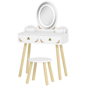 Coiffeuse enfant en bois style scandinave - tabouret assorti, miroir LED 3 couleurs intégré - bois blanc