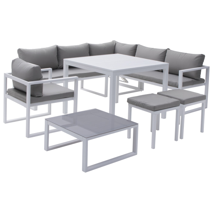 Salon de jardin modulable IBIZA en tissu gris 7 places - aluminium blanc
