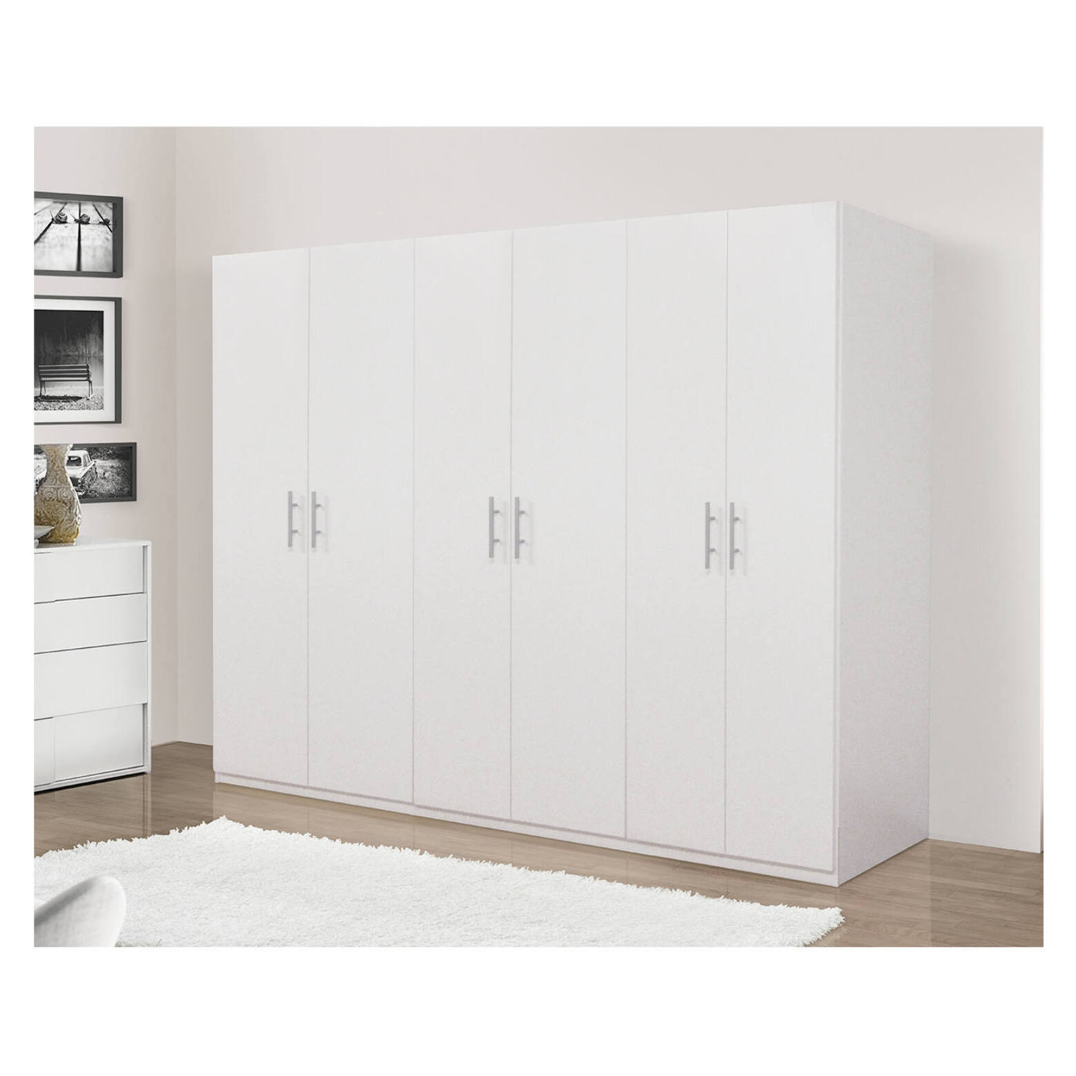 Armadio a 6 ante battenti, bianco opaco, con tubo appendiabiti, Misure 270 x 202 x 53 cm