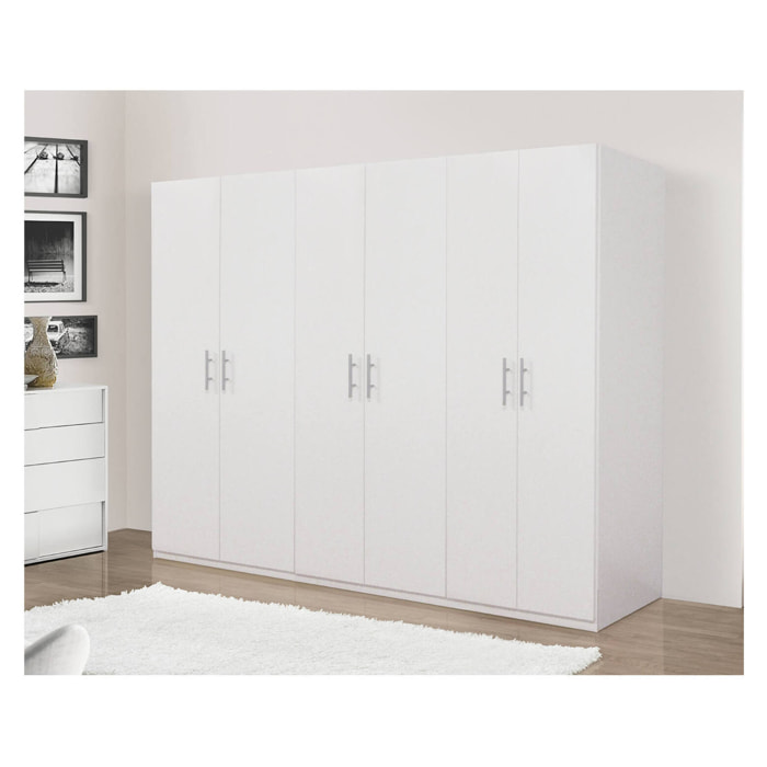 Armadio a 6 ante battenti, bianco opaco, con tubo appendiabiti, Misure 270 x 202 x 53 cm