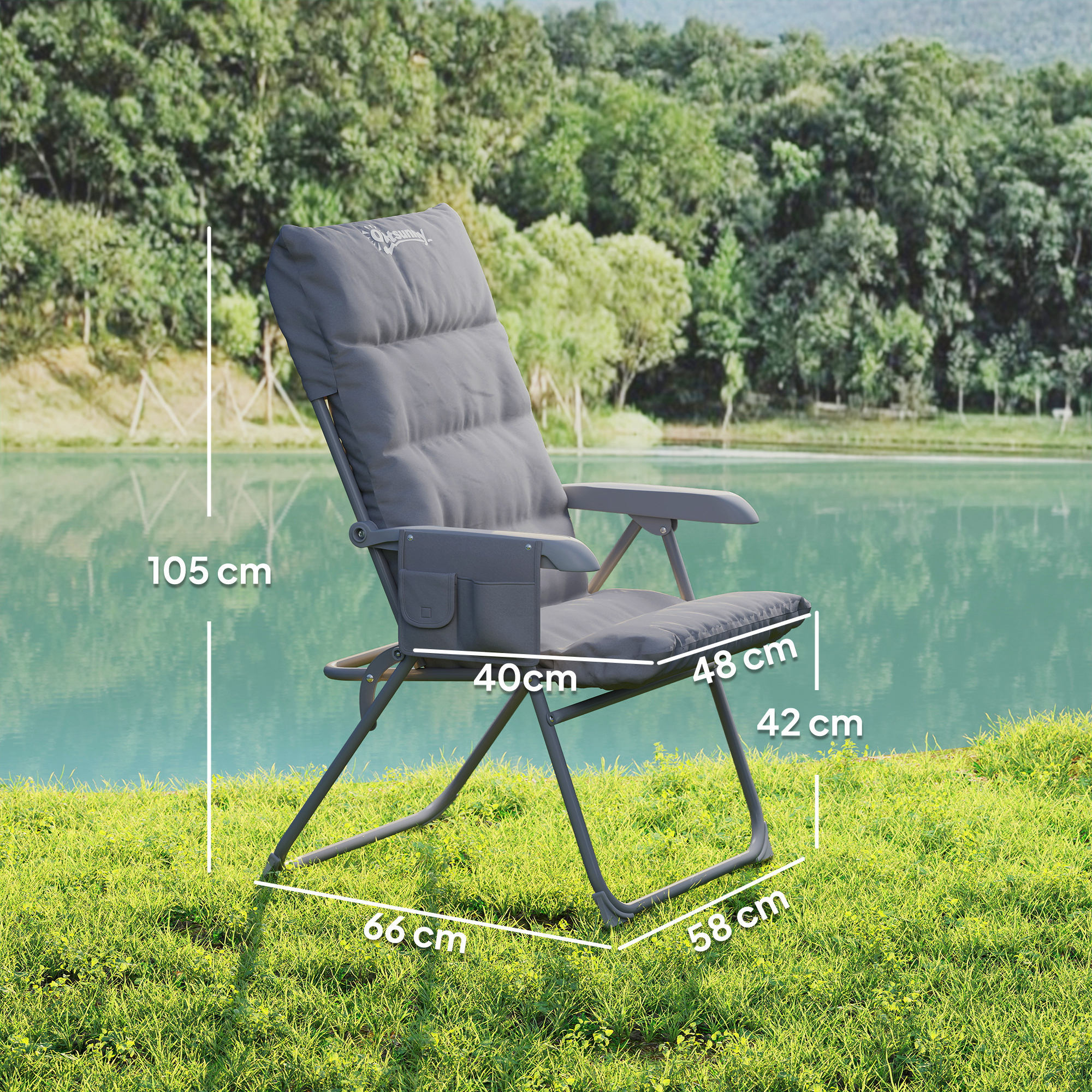 Chaise de camping pliante rembourrée inclinable grand confort gris