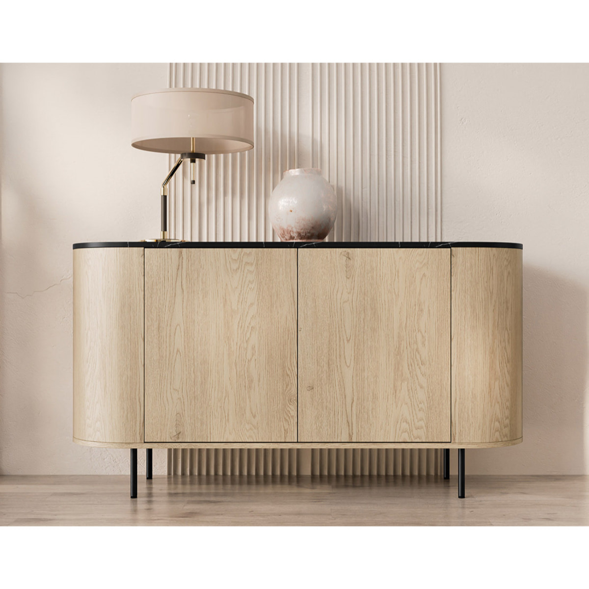 Sansa - buffet bas 139 cm - 2 portes et 1 étagère - plateau effet marbre - Bois / Noir