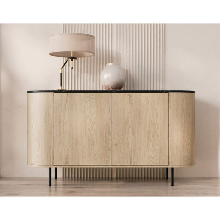 Sansa - buffet bas 139 cm - 2 portes et 1 étagère - plateau effet marbre - Bois / Noir
