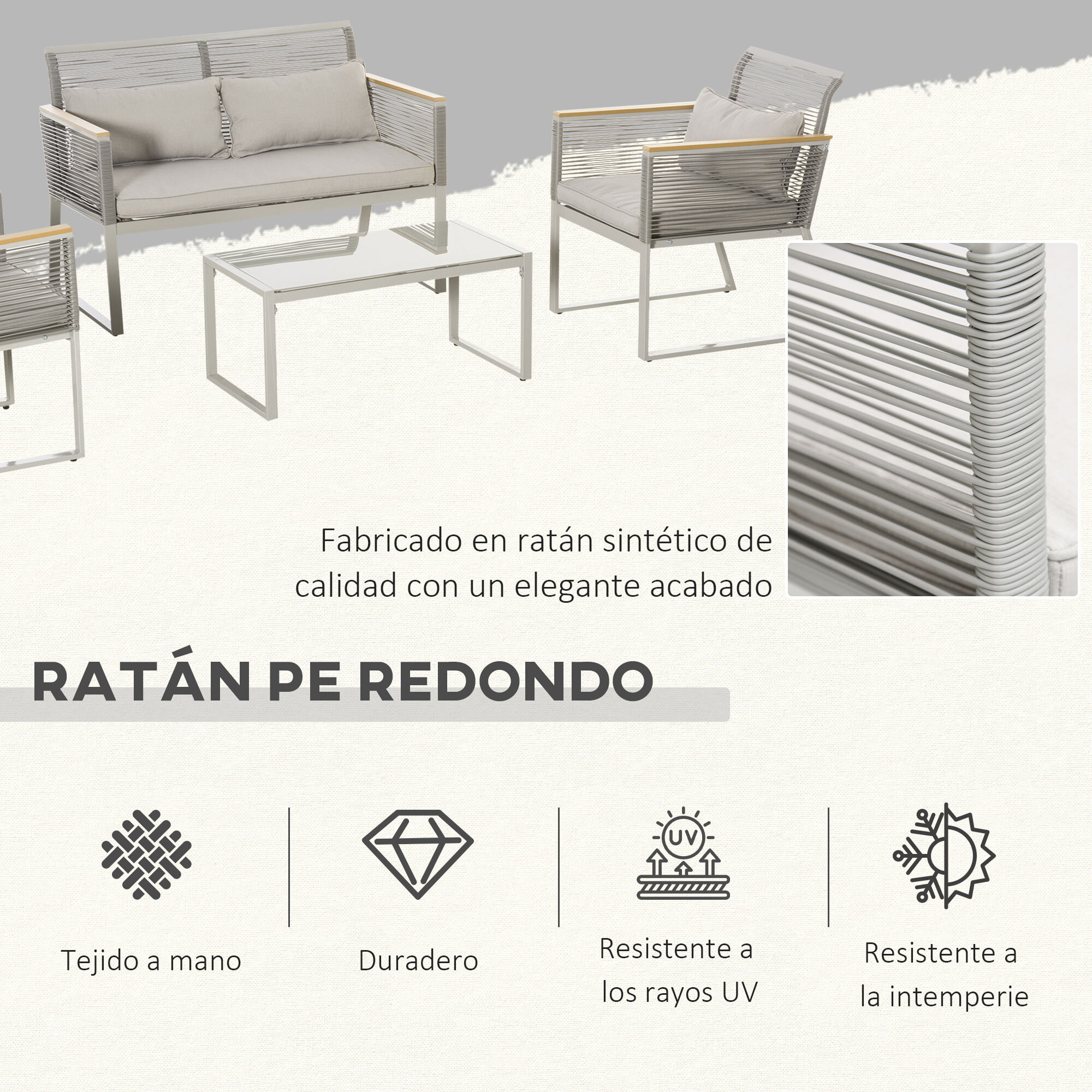 Conjunto de Muebles de Jardín de Ratán 4 Piezas Sofá Doble 2 Sillones Individuales y Mesa de Café de Vidrio con Cojines Desenfundables para Exterior Terraza Gris