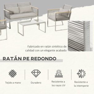 Conjunto de Muebles de Jardín de Ratán 4 Piezas Sofá Doble 2 Sillones Individuales y Mesa de Café de Vidrio con Cojines Desenfundables para Exterior Terraza Gris