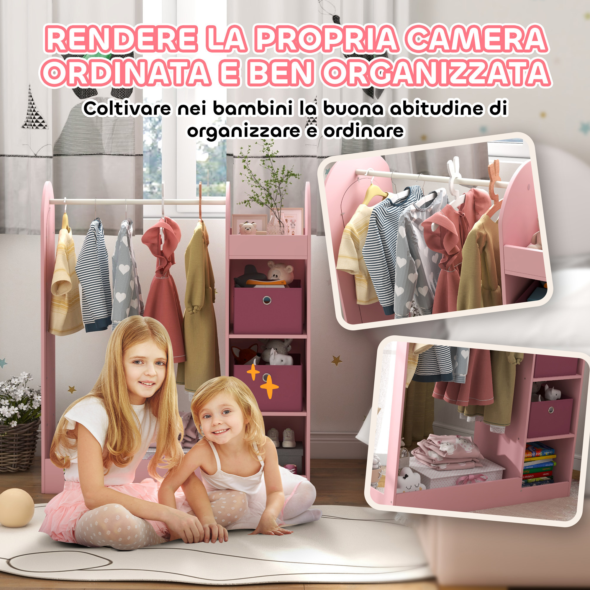 AIYAPLAY Appendiabiti per Bambini con Ripiani, Scatole e Specchio in Legno, Rosa