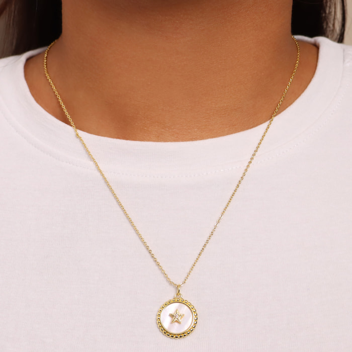 Collana Catena Rolo e Pendente in Madreperla Lavorato con Stella e Cubic Zirconia