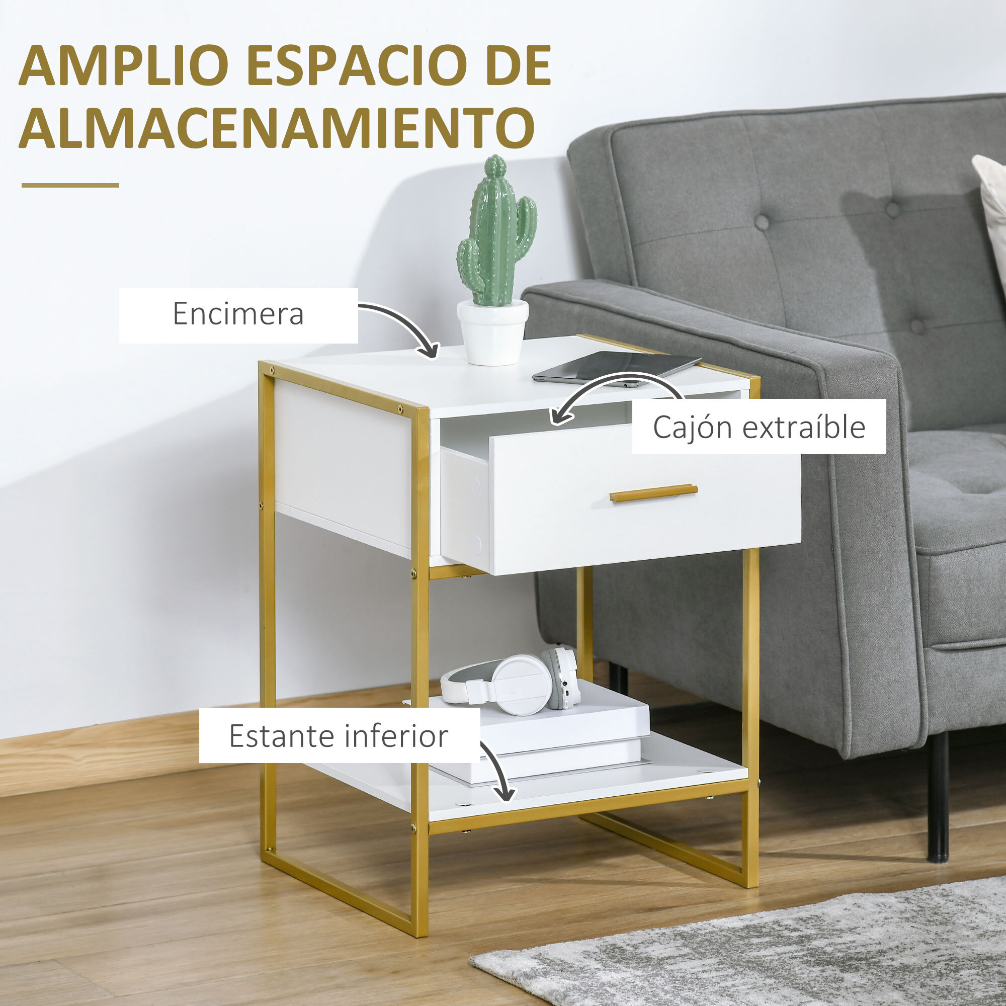 Conjunto de 2 Mesitas de Noche Mesas Auxiliares con 1 Cajón y Estante de Almacenamiento para Dormitorio Salón Oficina Estilo Moderno 45x40x60 cm Blanco