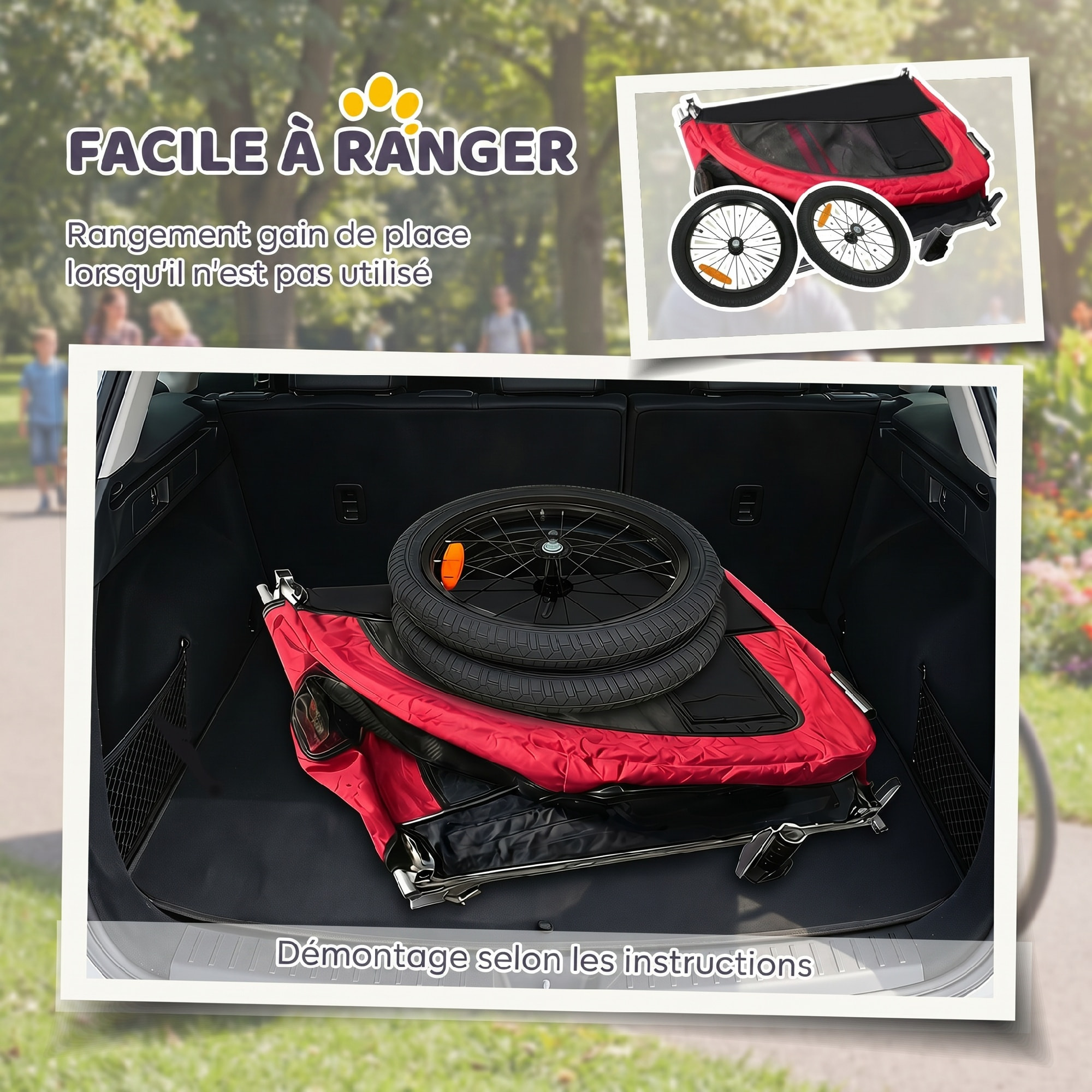 Remorque vélo jogger 2 en 1 pour animaux drapeau roue avant pivotante réflecteurs et barre d'attelage inclus rouge noir