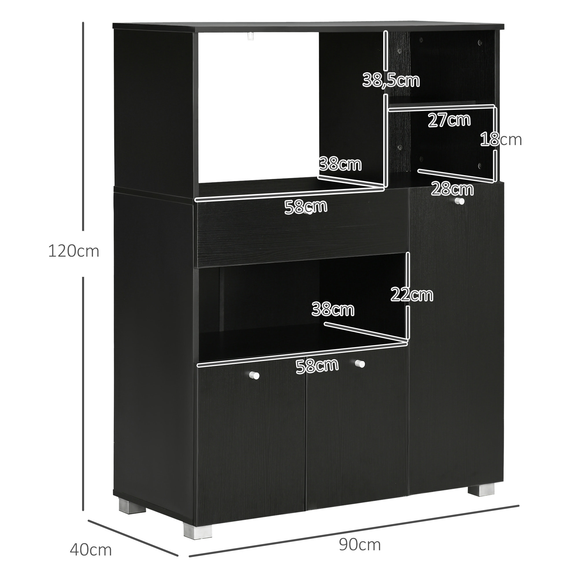 Meuble de cuisine multi-rangements 2 placards 4 niches tiroir coulissant dim. 90L x 40l x 120H cm panneaux particules noir