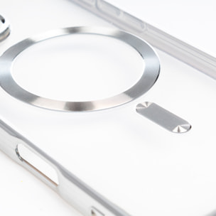 Carcasa transparente con cámara cubierta, bordes plateados, antichoque y antihuellas. Magsafe para iPhone 16 Plus.
