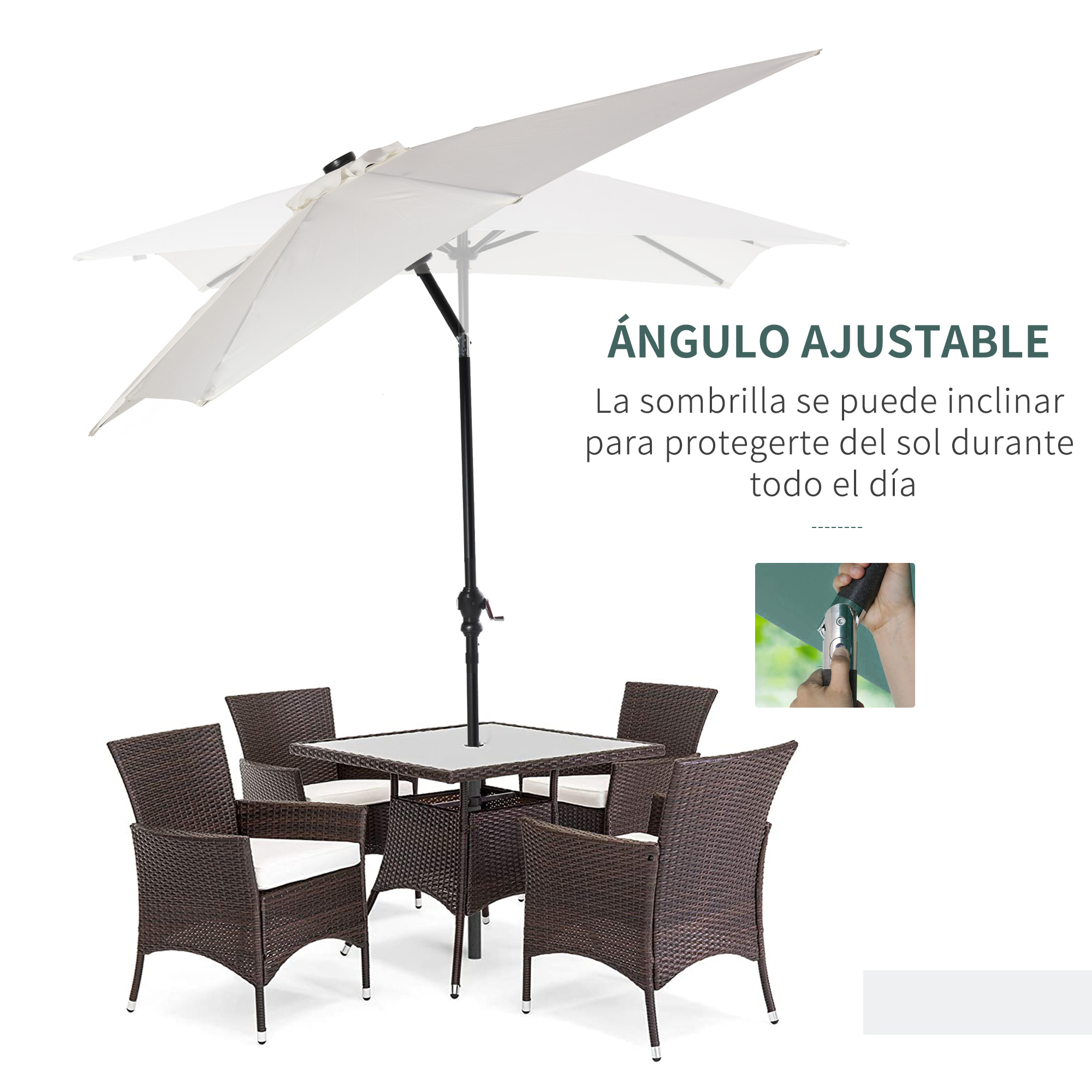 Sombrilla Terraza Exterior 268x205x248 cm Sombrilla de Jardín con Techo Inclinable hasta 45° Luces LED Solares Poste de Acero y Manivela Parasol para Patio Terraza Blanco
