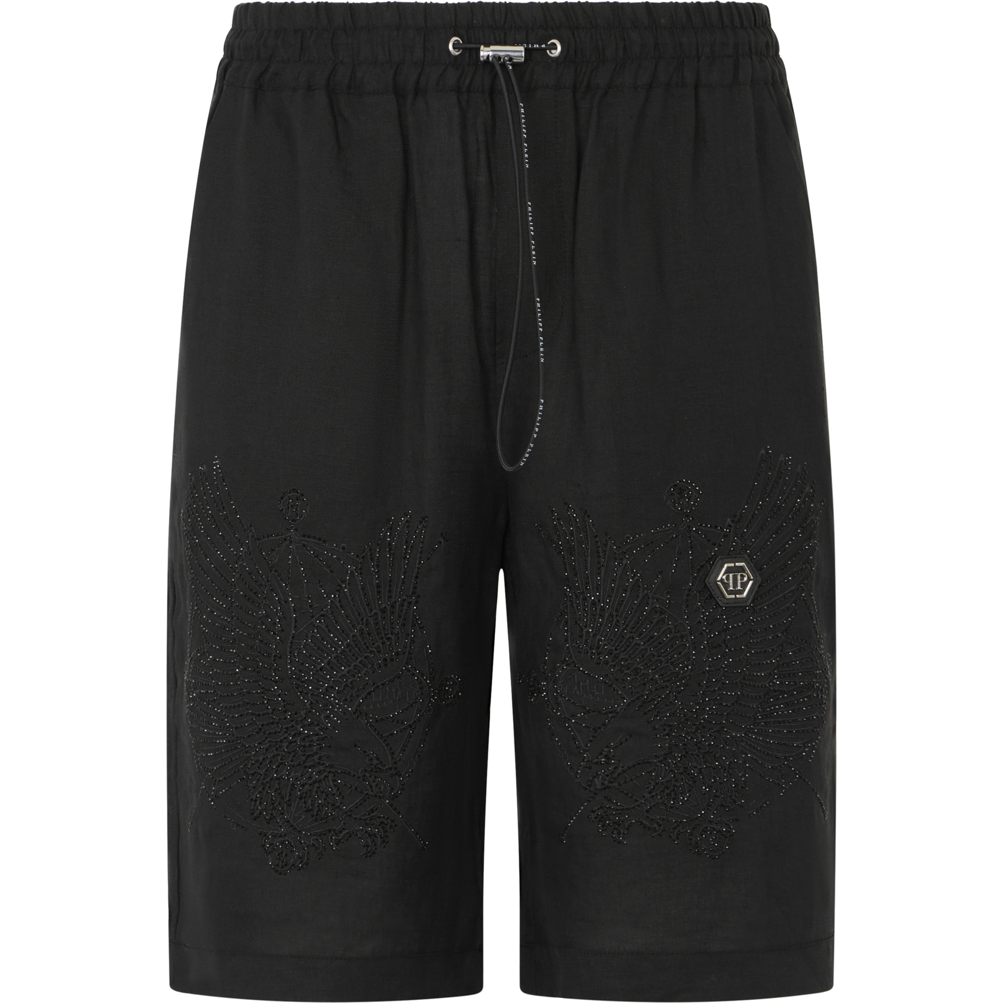 PHILIPP PLEIN Embroidered Linen Bowling Shorts Tattoo Strass