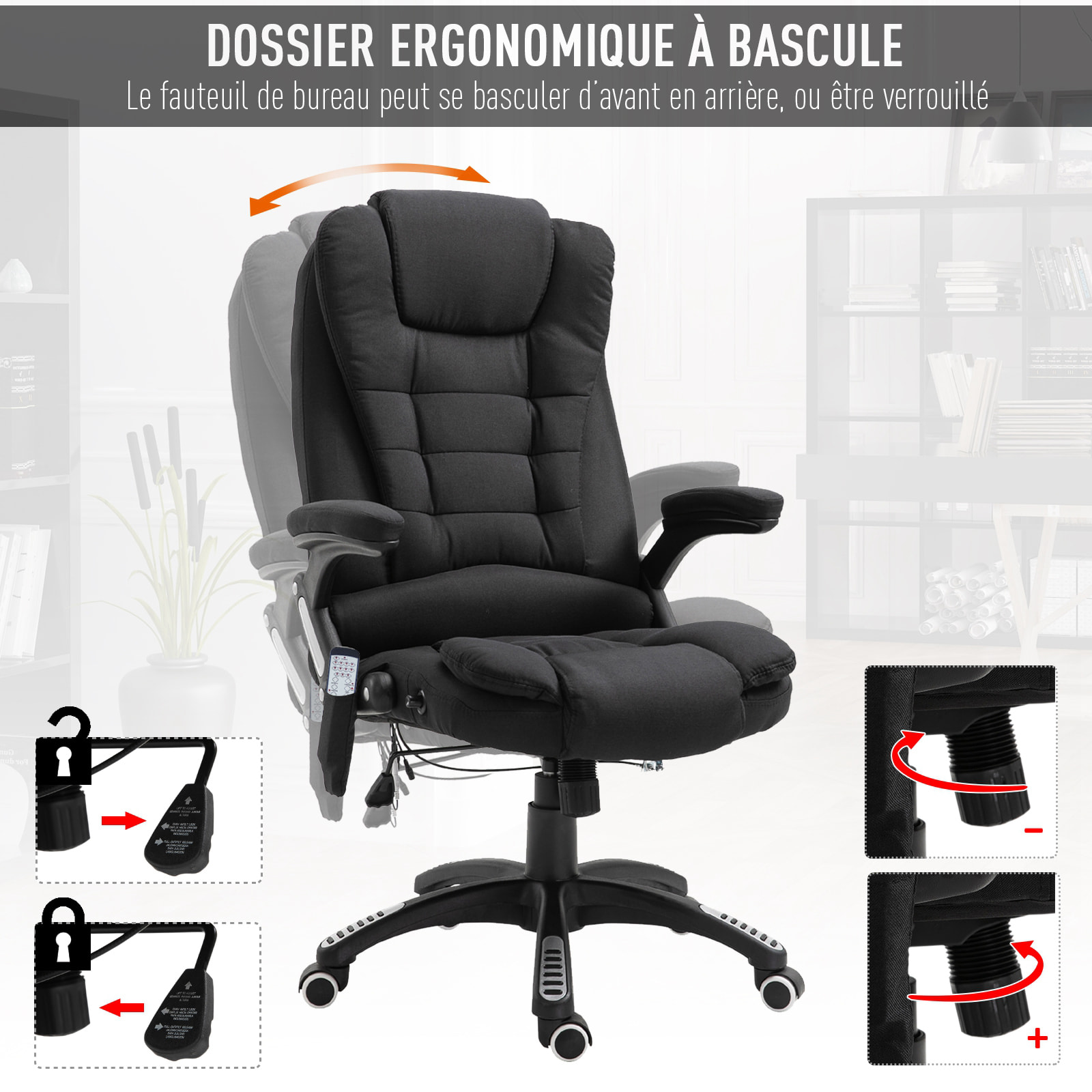 Fauteuil de bureau direction massant chauffant hauteur réglable dossier inclinable toile de lin noir