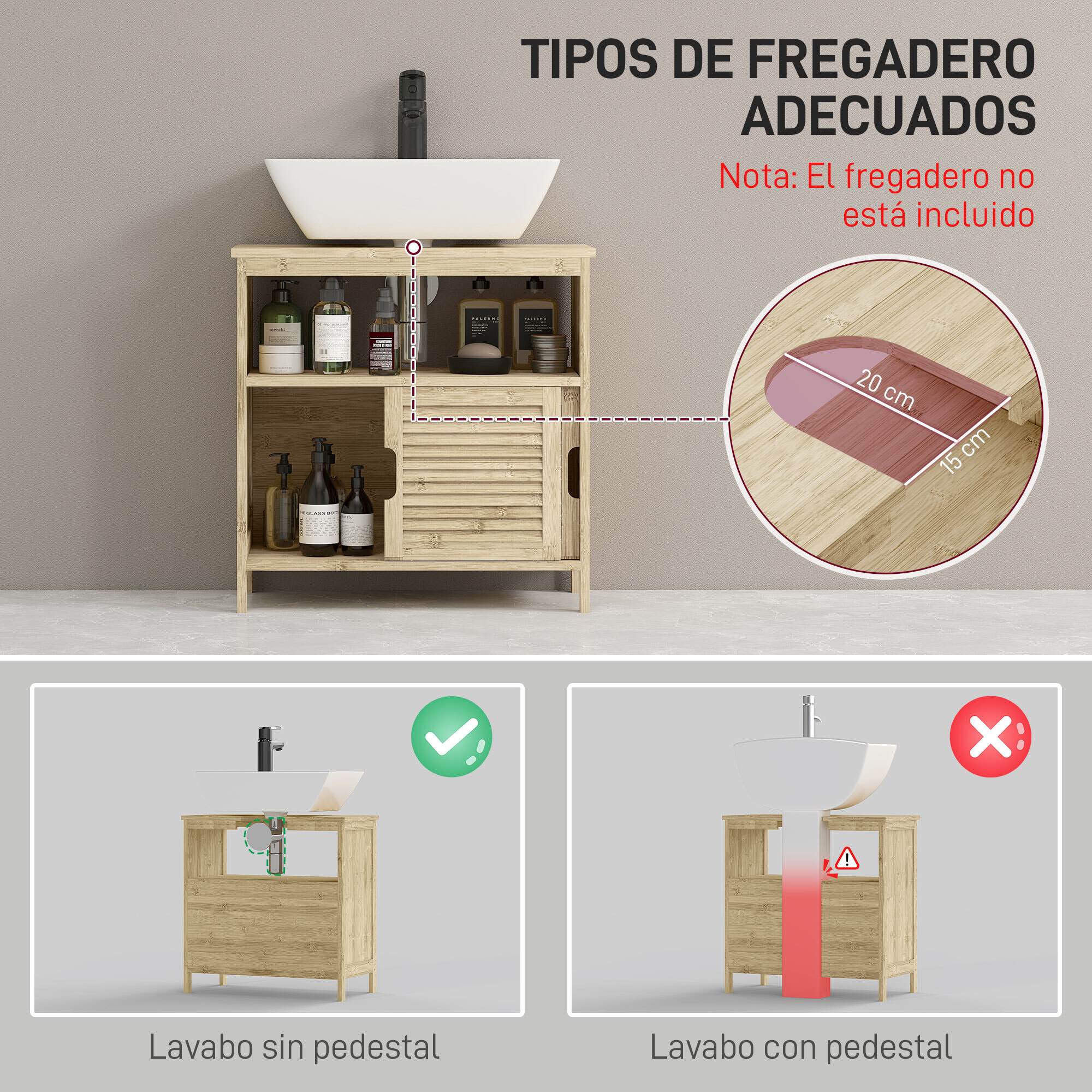 Mueble Bajo Lavabo de Bambú, Armario Debajo de Lavabo con Puertas Correderas de Lamas, Compartimento Abierto, Estilo Moderno, 60x30x60 cm, Natural