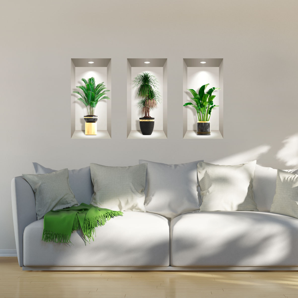 Stickers muraux 3D | Sticker Mural Autocollant effet 3D plantes et vases égyptiens - Stickers adhésifs 3D Chambre Salon Trompe l'oeil