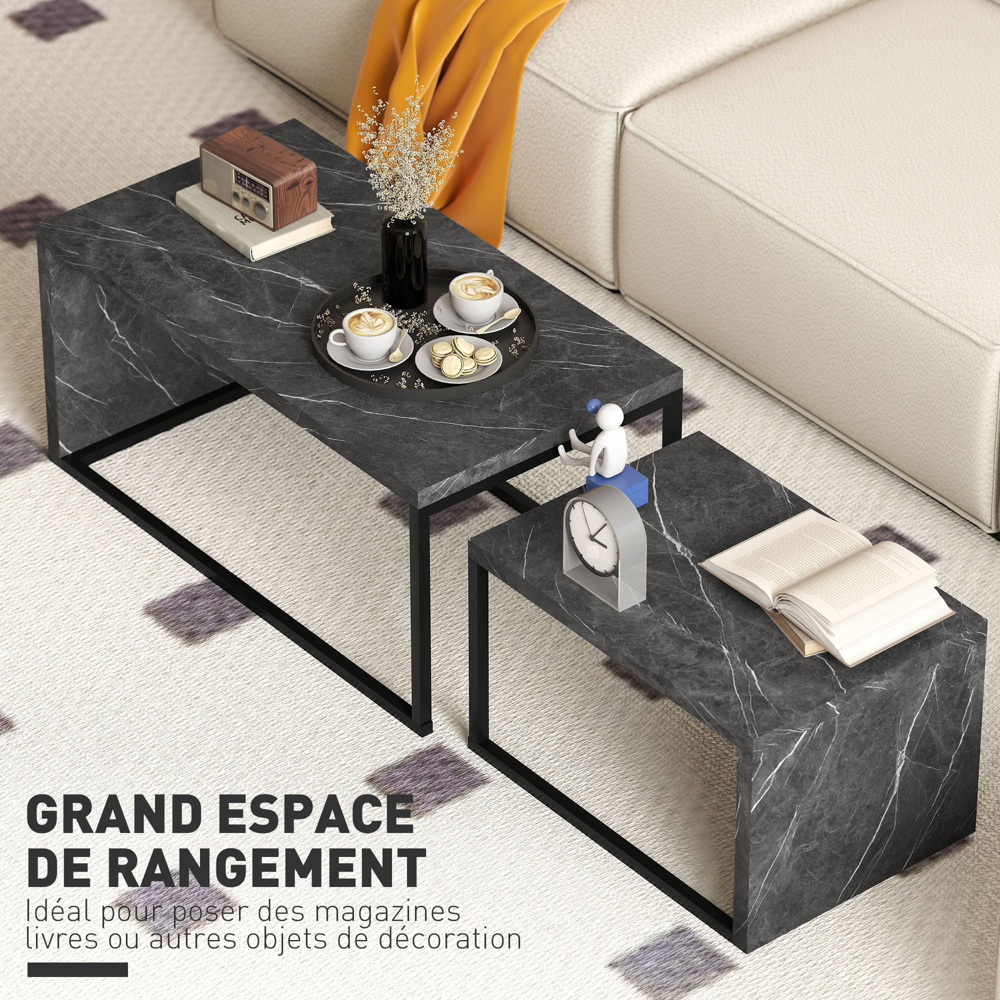 Lot de 2 tables basses gigognes design industriel encastrable dim. grande table 90L x 48l x 42H cm métal noir effet marbre gris