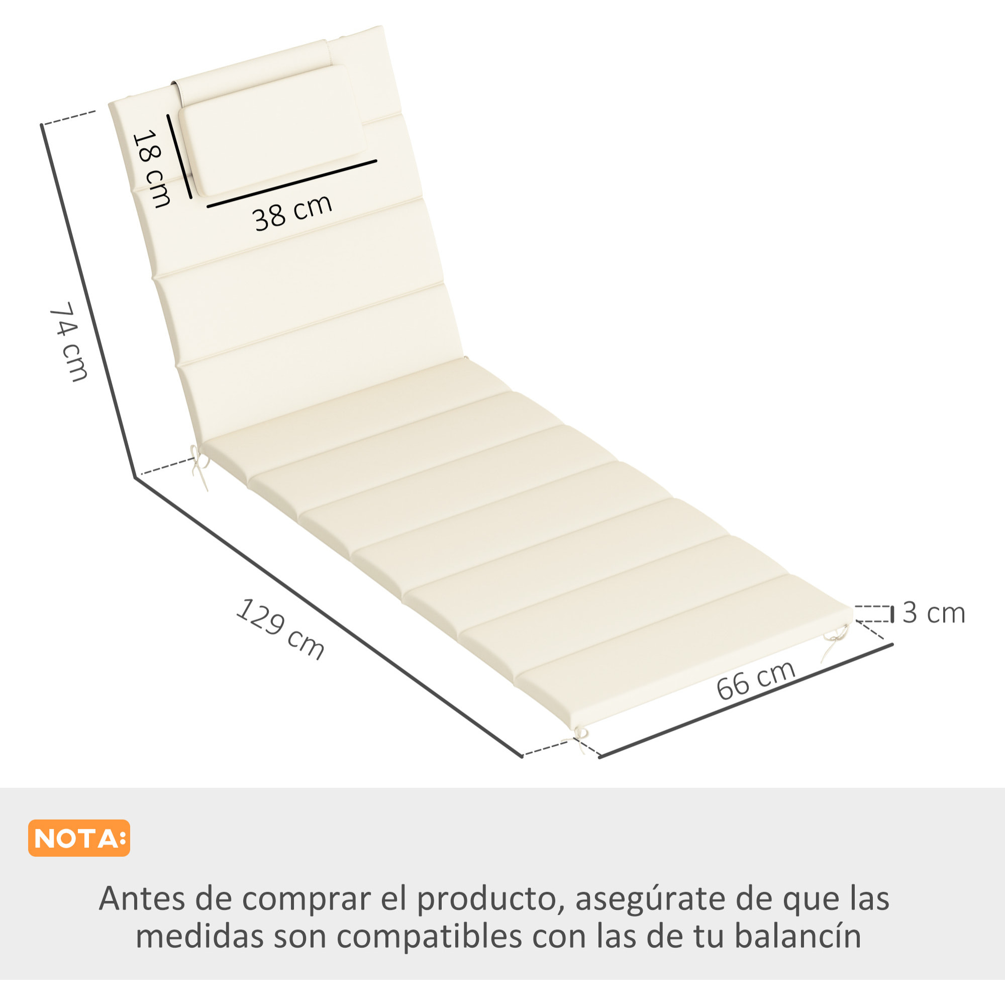 Pack 2 Cojines para Tumbonas Plegables Colchonetas para Tumbonas de Jardín Exterior 203x66x3 cm con Reposacabezas y Correas de Sujeción Crema