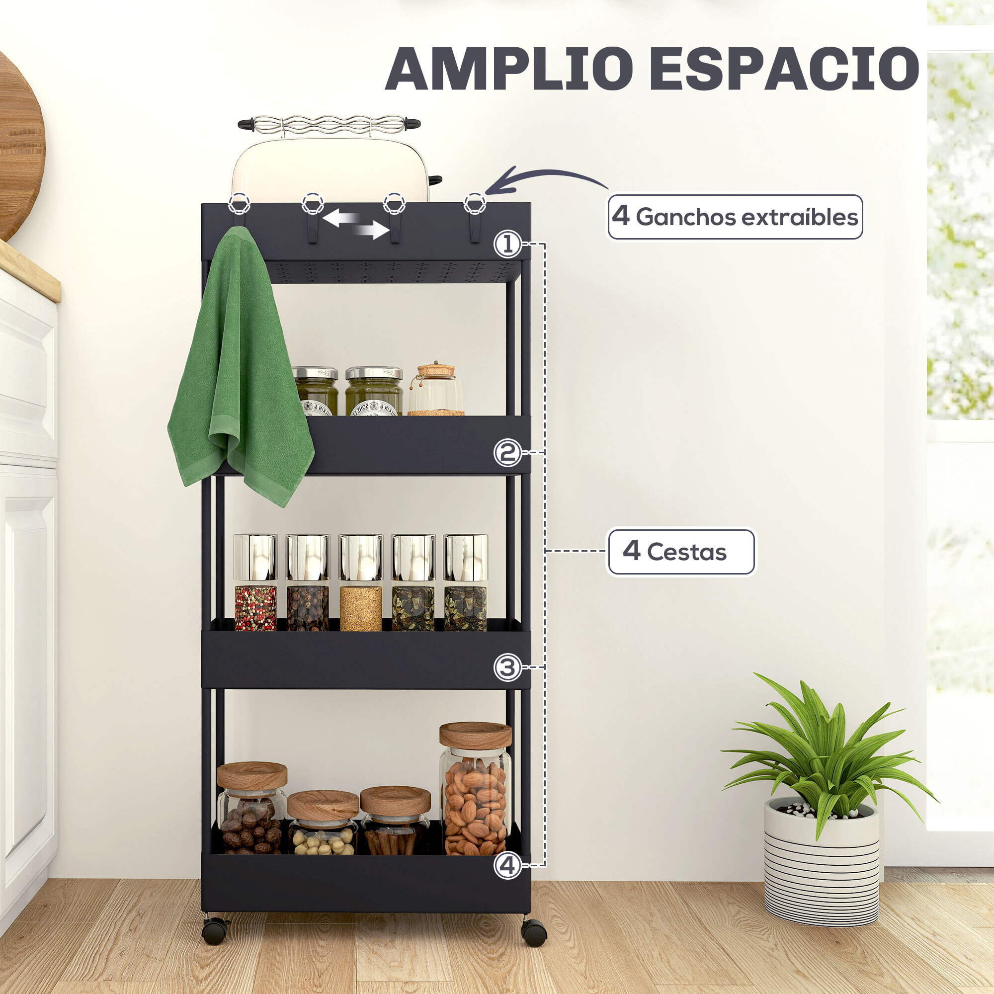 Carro de Cocina de Almacenamiento de 4 Niveles Carrito Auxiliar con Ruedas 4 Cestas y 4 Ganchos Extraíbles Carrito de Cocina para Comedor Baño Salón 40x19x90 cm Negro