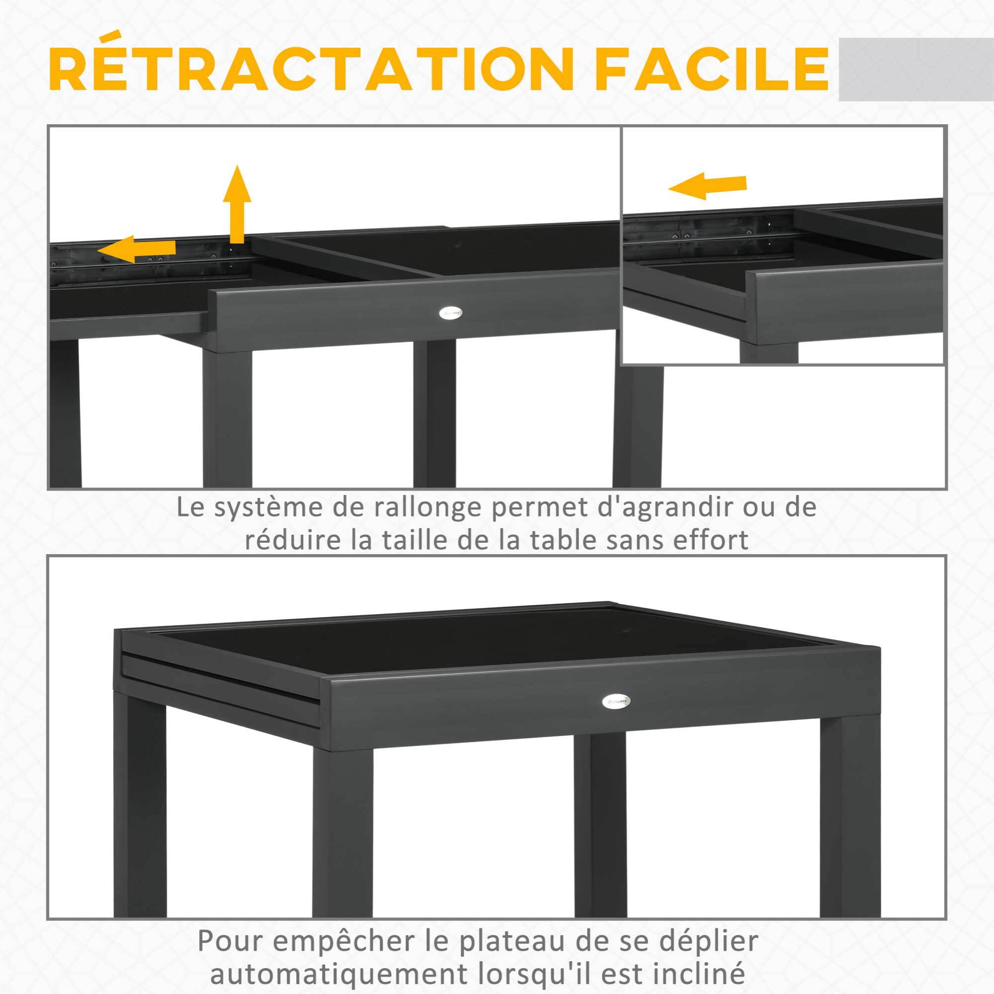 Table extensible de jardin grande taille dim. dépliées 160L x 80l x 75H cm alu métal époxy anthracite plateau verre trempé noir