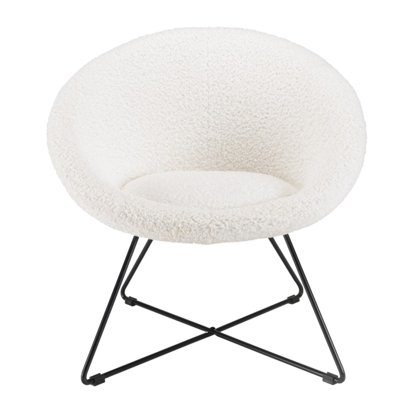 AGATHE - Fauteuil tissu bouclette blanc pieds croisés métal noir